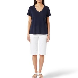 CHARLIE B 100% Linen Navy Blue Short Sleeve Vee Neck Tee Shirt Sz XL